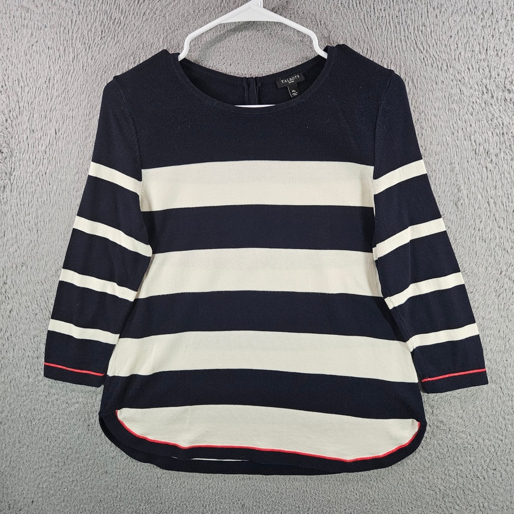 Talbots Petites Navy Blue Ivory Striped Button Back Sweater Top Red Trim MP